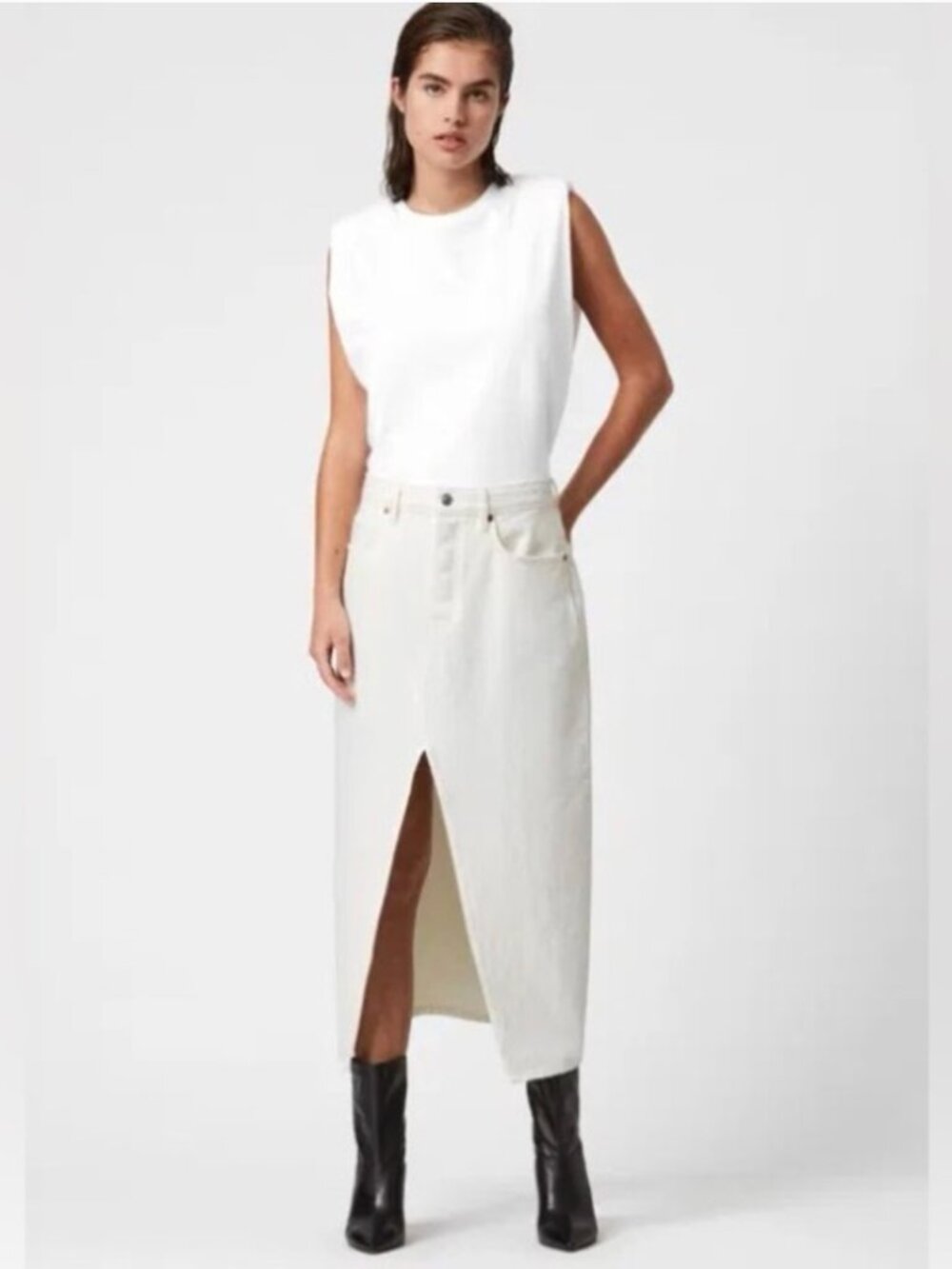 All Saints White Denim Skirt with center slit